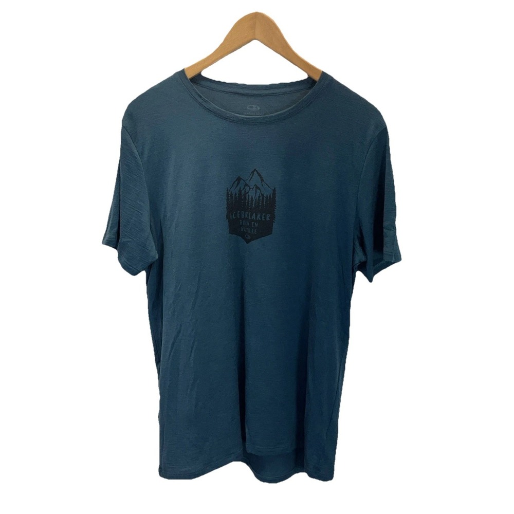 Icebreaker Merino Mens L Green Mtn Print Baselayer Short Sleeve Athletic T-Shirt
